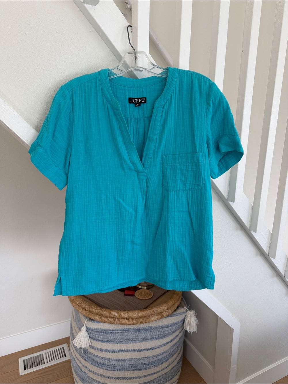 J. Crew Turquoise gauze Short Sleeve Split-Neck Pocket Tee
